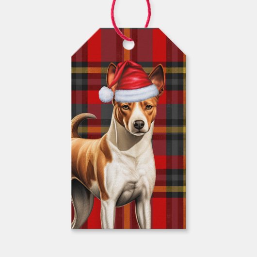 Vakantie Rood en Groen Plaid Basenji Hondenkerst Cadeaulabel (Voorkant)