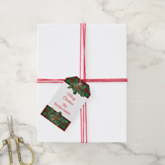Vakantie Rood Groen Plaid met Holly Editable Cadeaulabel (Met Touw)