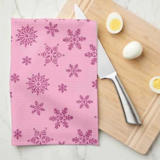 VAKANTIE ROZE GLITTER LOOK SNEEUWVLOKKEN THEEDOEK (Quarter Fold)