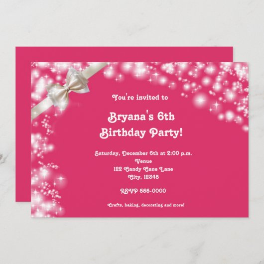 Vakantie Roze met Bow Glitter Light Uitnodiging (Voorkant / Achterkant)