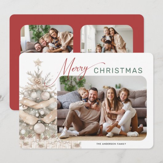Vakantie Rustiek Evergreen 3 Foto Kerstmis Feestdagenkaart (Voorkant / Achterkant)