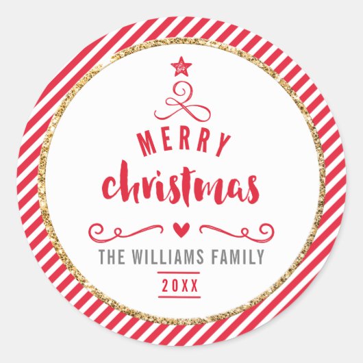 VAKANTIE SEAL vrolijke kerstboom rode streep Ronde Sticker (Voorkant)
