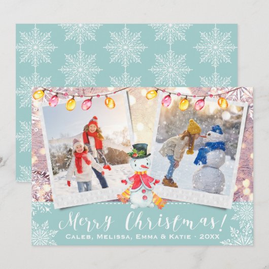 Vakantie Sneeuwman Custom 2-foto | IJsblauw en wit Feestdagenkaart (Voorkant / Achterkant)