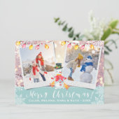 Vakantie Sneeuwman Custom 2-foto | IJsblauw en wit Feestdagenkaart (Staand voorkant)