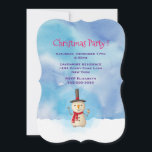 Vakantie Sneeuwman Waving Christmas Party uitnodig Kaart<br><div class="desc">Kerstfeest uitnodiging met een leuke sneeuwpop illustratie. Hij draagt een zwarte stovepipe pet,  houdt een maïskolfpijp vast en draagt een rode sjaal. Hallo In de koude witte sneeuw staan lachen en zwaaien De achtergrond is samengesteld uit waterverf lucht met blauwe en paarse kleuren die samenvloeien en zich vermengen.</div>