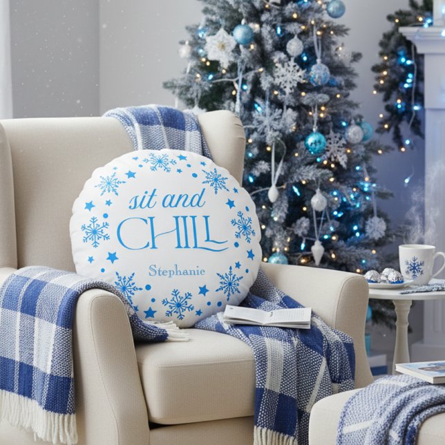 Vakantie Sneeuwvlok Ronde Kussen (Blue Holiday Snowflake personalized pillow)