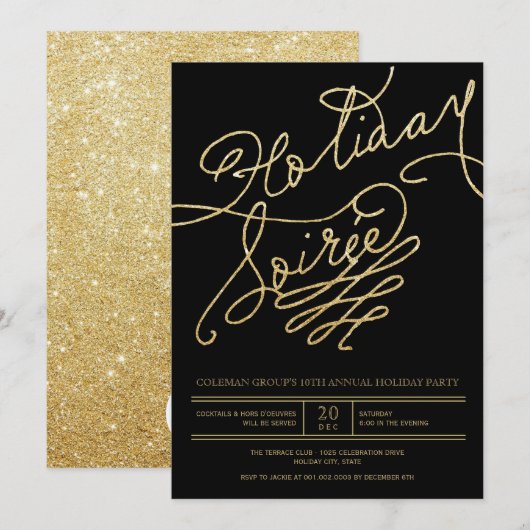 Vakantie Soiree Gold Glitter Script Classy Party Kaart (Voorkant / Achterkant)