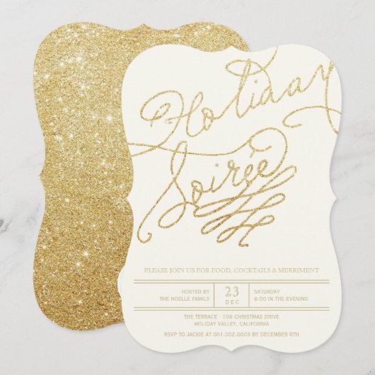 Vakantie Soiree Gold Glitter Script Party Uitnodig Kaart (Voorkant / Achterkant)