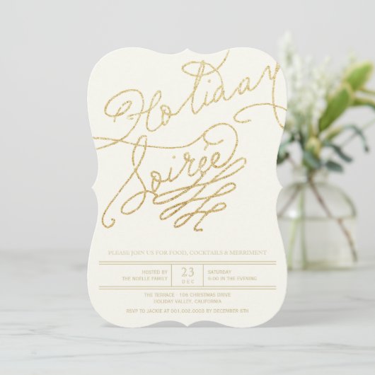 Vakantie Soiree Gold Glitter Script Party Uitnodig Kaart (Staand voorkant)