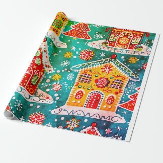 Vakantie stof met gemberbrood huis en sneeuwvlok cadeaupapier