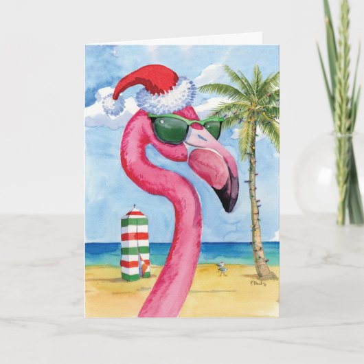 Vakantie Strand Dieren-Flamingo - Vrolijk Kerstfee Kaart (Voorkant)
