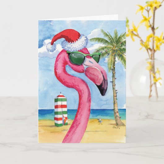 Vakantie Strand Dieren-Flamingo - Vrolijk Kerstfee Kaart (Gele Bloem)