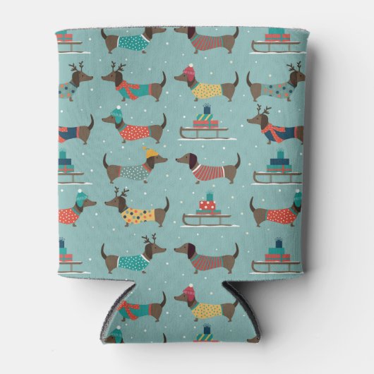 Vakantie teckels met geschenken en sleeën patroon blikjeskoeler (Voorkant)