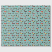 Vakantie teckels met geschenken en sleeën patroon cadeaupapier (Vlak)