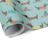 Vakantie teckels met geschenken en sleeën patroon cadeaupapier (Rol Hoek)