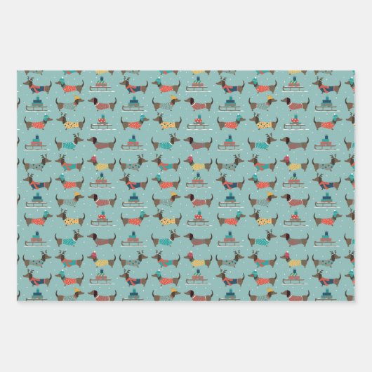 Vakantie teckels met geschenken en sleeën patroon inpakpapier vel (Voorkant 3)
