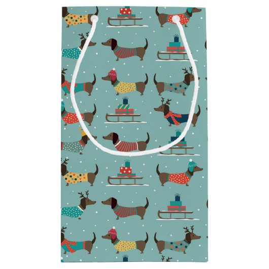 Vakantie teckels met geschenken en sleeën patroon klein cadeauzakje (Achterkant)