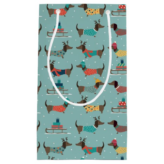 Vakantie teckels met geschenken en sleeën patroon klein cadeauzakje (Voorkant)