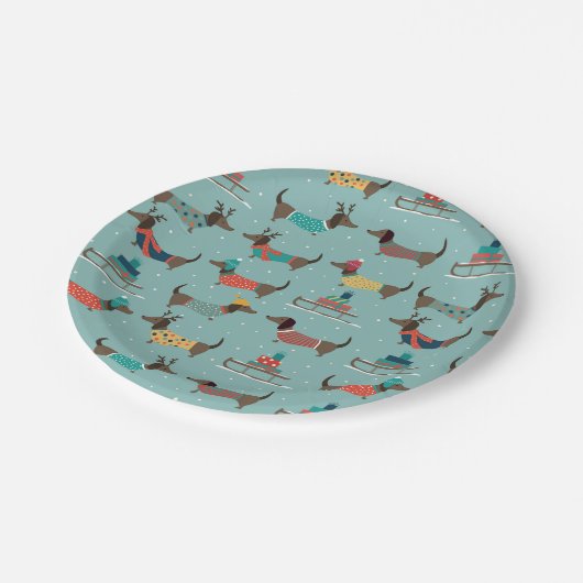 Vakantie teckels met geschenken en sleeën patroon papieren bordje (Gekanteld)