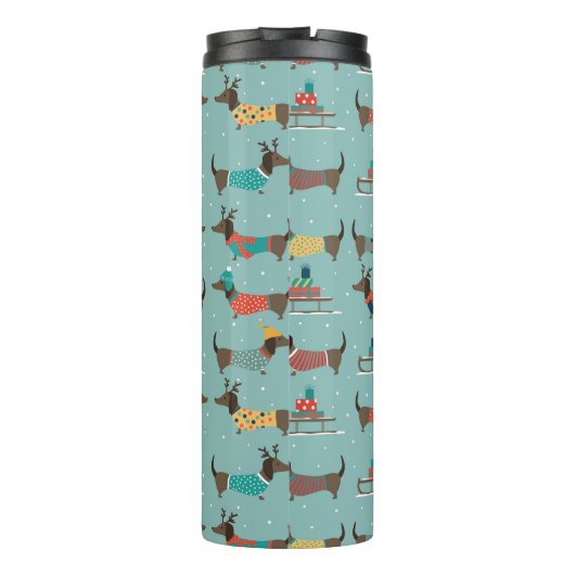 Vakantie teckels met geschenken en sleeën patroon thermosbeker (Achterkant)