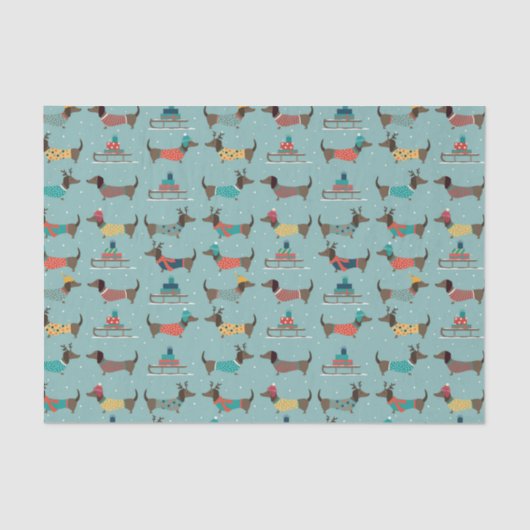 Vakantie teckels met geschenken en sleeën patroon tissuepapier (Voorkant)