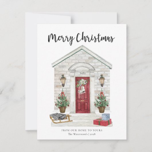 Vakantie thuis Vrolijk kerstfeest vanuit ons huis Feestdagenkaart (Voorkant)