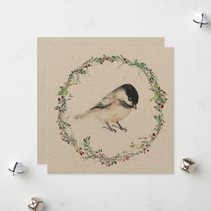 Vakantie Tiny Chickadee Waterverf schilderij Feestdagenkaart