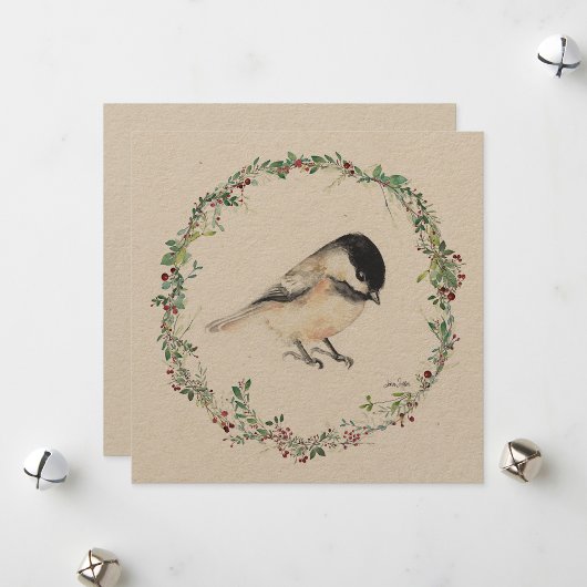 Vakantie Tiny Chickadee Waterverf schilderij Feestdagenkaart