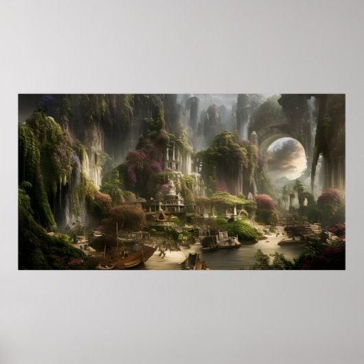 Vakantie van Fantasy Hotel met een steenbrug Poster (Voorkant)