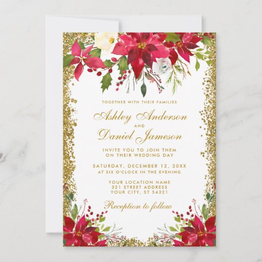 Vakantie van Floral Poinsettia Gold Glitter Kaart (Voorkant)