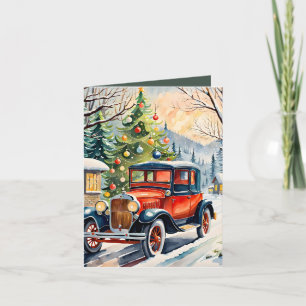 Vakantie Vintage Auto Waterverf & Recept Kerst Kaart