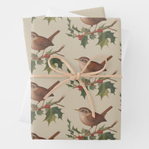 Vakantie Vogel Winterkoning op Hulsttak Kerst Natu Inpakpapier Vel