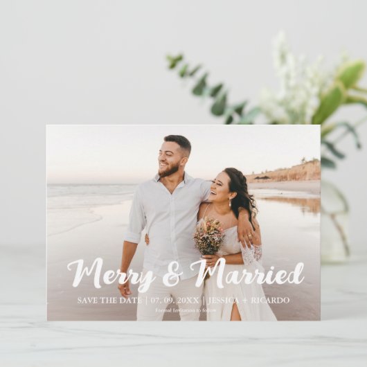 Vakantie Vrolijk en getrouwd Kerstmis sparen de da Feestdagenkaart (Staand voorkant)