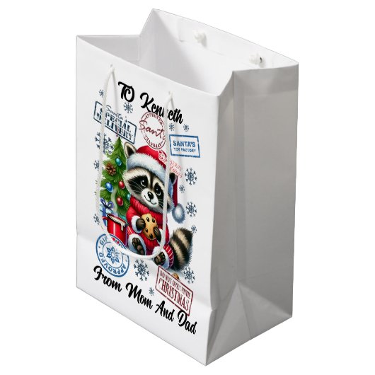 Vakantie wasbeer met geschenken medium cadeauzakje (Voorkant Gekanteld)