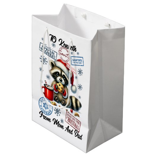 Vakantie wasbeer met geschenken medium cadeauzakje (Voorkant Gekanteld)