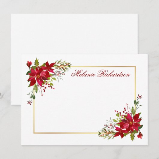 Vakantie Waterverf Floral Poinsettia Red Gold Notitiekaartje (Voorkant / Achterkant)
