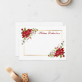 Vakantie Waterverf Floral Poinsettia Red Gold Notitiekaartje (Voorkant / Achterkant in situ)