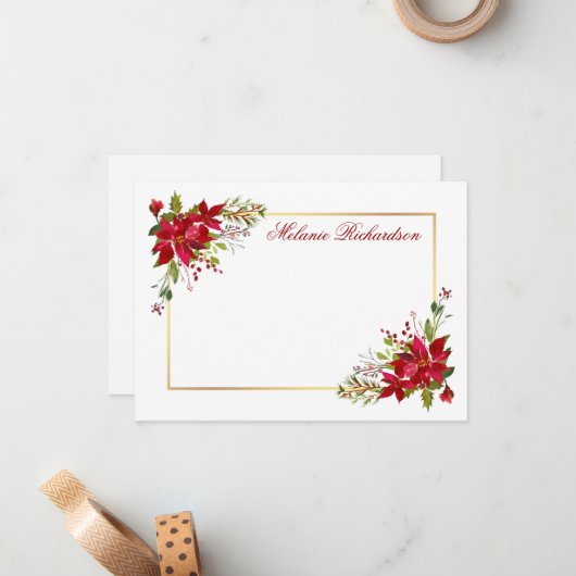 Vakantie Waterverf Floral Poinsettia Red Gold Notitiekaartje (Voorkant / Achterkant in situ)