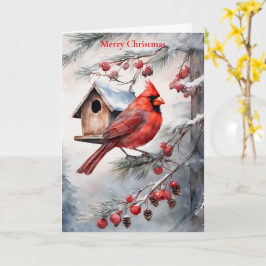 Vakantie Waterverf Kardinaal en Birdhouse Kaart (Gele Bloem)