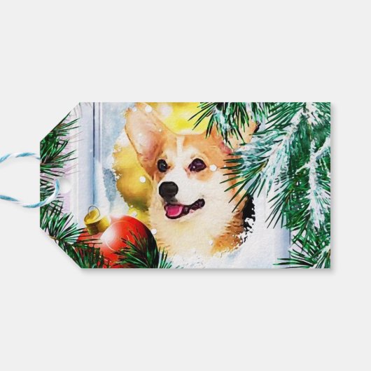Vakantie Welsh Corgi in de winter Cadeaulabel (Achterkant Horizontaal)