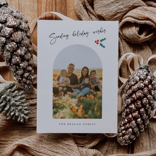 Vakantie wenst minimalistische witte boog maretak feestdagenkaart