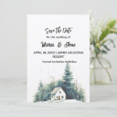 Vakantie Winter Pine House Hill Trees Save the Dat Kaart (Staand voorkant)