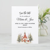Vakantie Winter Red Church Pine Trees Save the Dat Kaart (Staand voorkant)