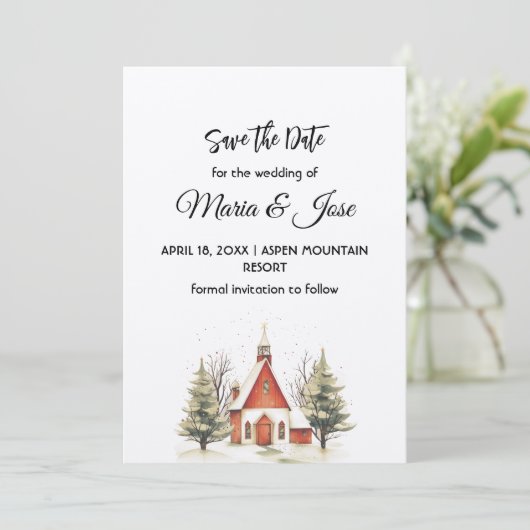 Vakantie Winter Red Church Pine Trees Save the Dat Kaart (Staand voorkant)