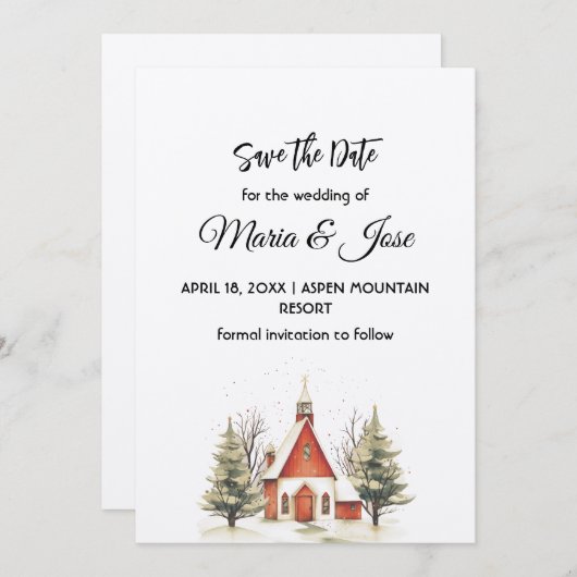Vakantie Winter Red Church Pine Trees Save the Dat Kaart (Voorkant / Achterkant)