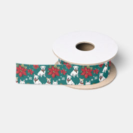 Vakantie Witte Kerst Honden en Poinsettia's Satijnen Lint