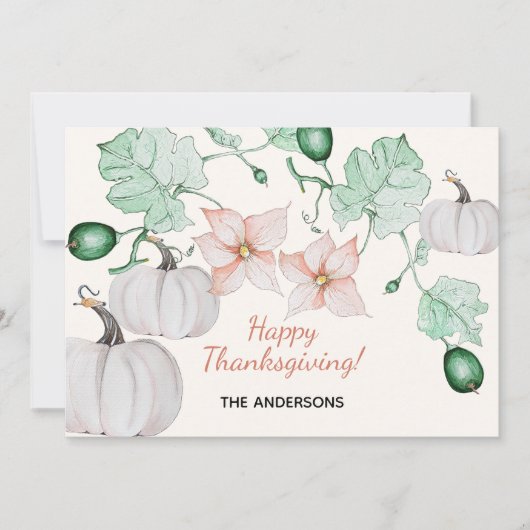 Vakantie Witte Pompoen Bloemen Waterverf Art Feestdagenkaart (Voorkant)