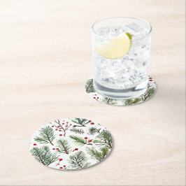 Vakantie Woodland Pine & Red Berries Design Ronde Kartonnen Onderzetter