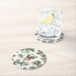 Vakantie Woodland Pine & Red Berries Design Ronde Kartonnen Onderzetter