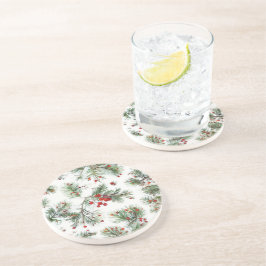 Vakantie Woodland Pine & Red Berries Design Zandsteen Onderzetter